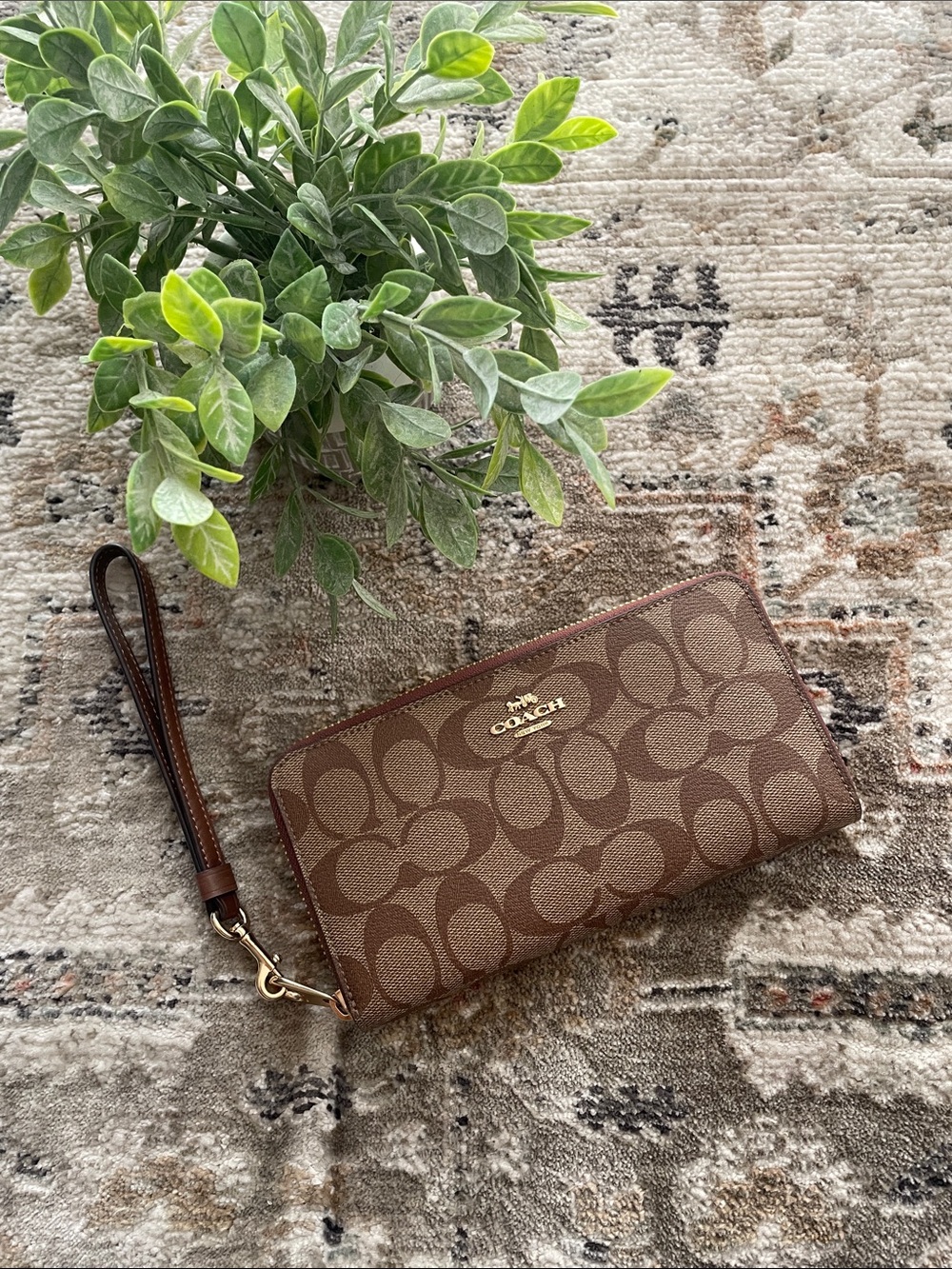 Coach Brown Signature Zip Wristlet Wallet with Gold Logo